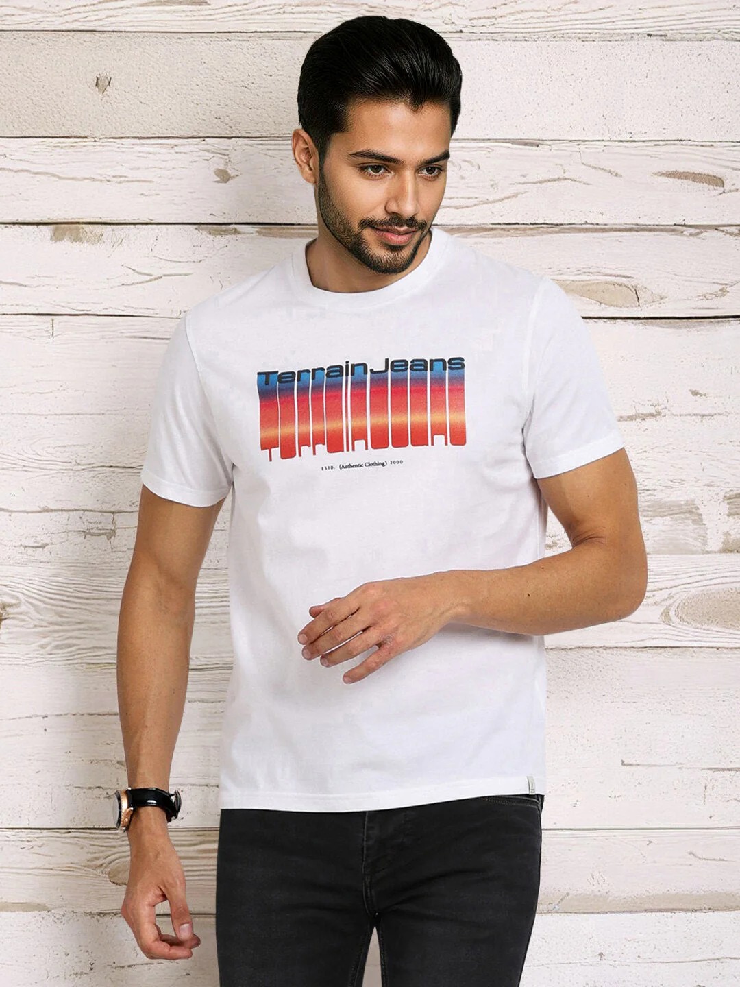 Indian Terrain Men's Half Sleeve Regular Fit White Round Neck T-Shirt